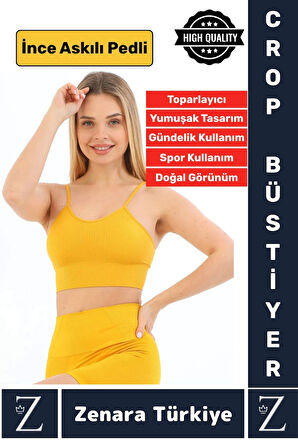 Premium Göğüs Toparlayan Sarkma Önleyen Gündelik Spor Kullanım İnce Askı Pedli Çizgili Crop Büstiyer