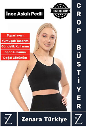 Premium Göğüs Toparlayan Sarkma Önleyen Gündelik Spor Kullanım İnce Askı Pedli Çizgili Crop Büstiyer