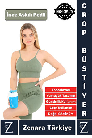 Premium Göğüs Toparlayan Sarkma Önleyen Gündelik Spor Kullanım İnce Askı Pedli Çizgili Crop Büstiyer