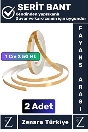 Premium Kendinden Yapışkanlı Su Geçirmez Fayans Arası GOLD Şerit Derz Bant 1 Cm X 50 Metre 2 Adet