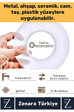 Premium Güçlü Yüksek Mukavemetli 60 Kg Kapasite Nano Çift Taraflı Doku Şeffaf Bant 3 Metre X 4 Adet