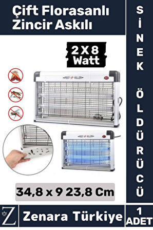 Premium Güçlendirilmiş UV Çift Florasanlı Zincir Askılı 16 Watt Sinek Kara Sinek Sivrisinek Öldürücü