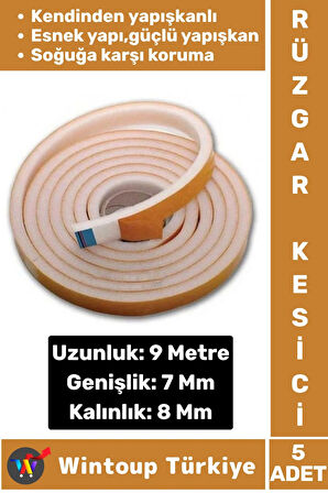 Premium Yapışkanlı Pencere İzolasyon Bantı Rüzgar Soğuk Kesici Cam Yalıtım Süngeri 9 Metre X 5 Adet