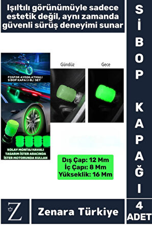 Tüm Otomobil Bisiklet Motosiklet Minibüslerle Uyumlu Kolay Montaj Fosforlu Sibop Kapağı 4 Adet