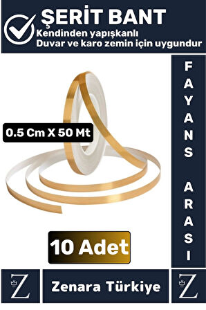 Premium Kendinden Yapışkanlı Su Geçirmez Fayans Arası GOLD Şerit Derz Bant 0.5 Cm X 50 Metre 10 Adet
