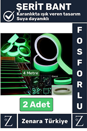 Premium Karanlıkta Işık Veren Suya Dayanıklı Ev Bahçe Merdiven Fosforlu Şerit Bant 4 Metre X 2 Adet