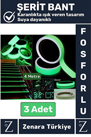 Premium Karanlıkta Işık Veren Suya Dayanıklı Ev Bahçe Merdiven Fosforlu Şerit Bant 4 Metre X 3 Adet