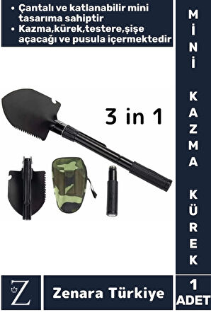 Taşınabilir Kamp Piknik Deprem Pusula Açacak Çok Amaçlı Çantalı Katlanabilir Mini Kazma Kürek Seti