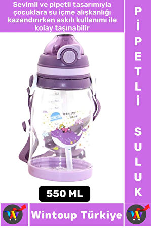 Dayanıklı Tritan Ev Ofis Çocuk Okul Spor BPA İçermeyen Askılı Eğlenceli Renkli Pipetli SULUK 550 ML