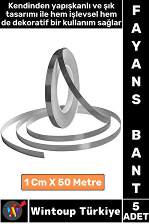 Uzun Ömürlü Kendinden Yapışkanlı Karo Zemin Fayans Derz 1 Cm X 50 Metre Gri Şerit Bant 5 Adet