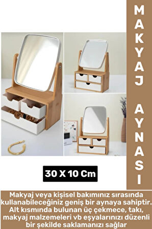 Dayanıklı Ahşap Makyaj Takı Organizer Ev Ofis Ayarlanabilir Aynalı Çok Şık Tasarım 3 Çekmeceli Ayna