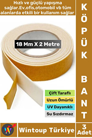 İç Mekan Süper Güçlü Yapışkan Duvar Ahşap Çok Yönlü Çift Taraflı Köpük Bant 18 Mm X 2 Metre 3 Adet