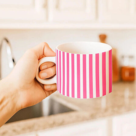 Pembe Şerit Desenli Motto Fincan Kupa Bardak