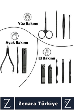Kompakt El Yüz Tırnak Ayak Bakım Taşınabilir Cep Boy Özel Çantalı 12 Parça Manikür Pedikür Seti