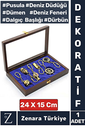 Dekoratif Şık Hediyelik Denizci Temalı Yüksek Kaliteli Ahşap Kutulu PİRİNÇ Anahtarlık Seti 6 Parça