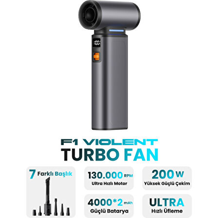 F1 Violent Turbo Jet Fan 130000RPM Ultra Güçlü Motor Güçlü Vakum 4000MAH Bataryalı Üflemeli