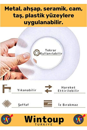 Premium Seri Ultra Süper Güçlü Yüksek Mukavemetli Nano Çift Taraflı Doku Şeffaf Bant 3 Metre 3 Adet