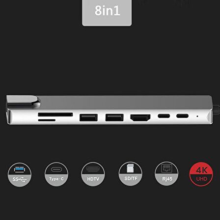 Coofbe 8in1 Multifoksiyonel Type-C Hub Type-C to RJ45 4K HDMI SD Kart USB Dönüştürücü 3XUSB+2 PD