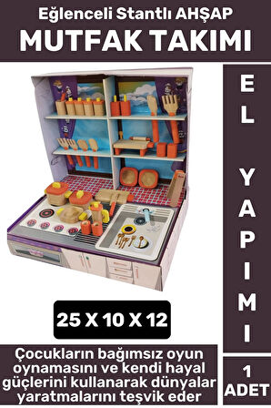 Premium Çocuk Eğlenceli Hayal Dünyası Beceri Geliştirici El Yapımı Ahşap Stantlı OCAK MUTFFAK TAKIMI