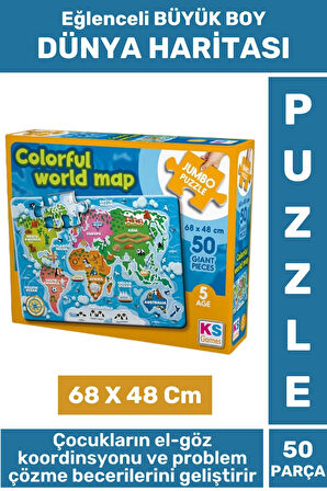 Eğlenceli Eğitici Görsel Algı Problem Çözme Becerisi Çocuk Puzzle 50 Parça Büyük Boy DÜNYA HARİTASI