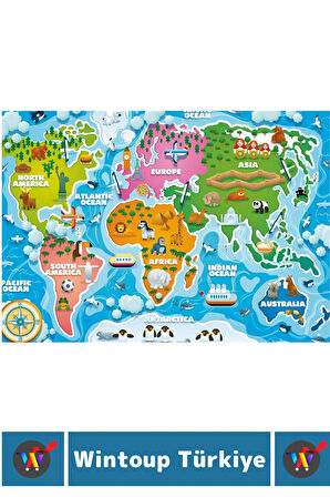 Eğlenceli Eğitici Görsel Algı Problem Çözme Becerisi Çocuk Puzzle 50 Parça Büyük Boy DÜNYA HARİTASI
