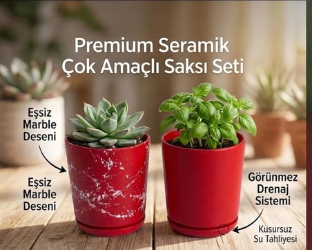 2’li Seramik Saksı (Kalemlik,Fırçalık,Masa Organizeri ) / Modern Dekoratif El Yapımı Tasarım