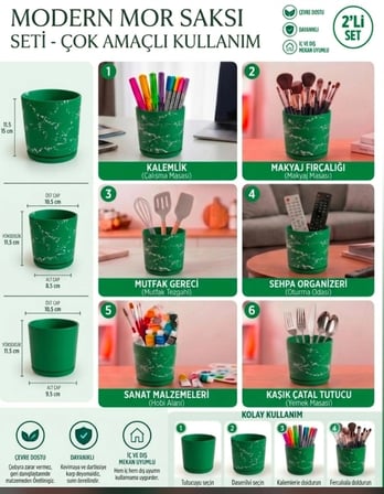 2’li Seramik Saksı (Kalemlik,Fırçalık,Masa Organizeri ) / Modern Dekoratif El Yapımı Tasarım
