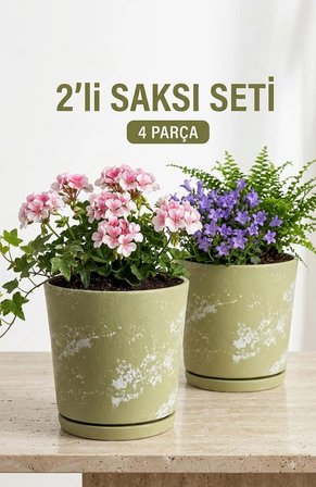Söğüt Yeşili Drenaj Delikli 2’li Seramik Saksı (Kalemlik,Fırçalık,Masa Organizeri ) / Modern Dekoratif El Yapımı Tasarım 12 cm