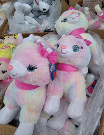 Peluş Pembe Tokalı Miyavlayan 30 cm Kedi