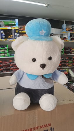 Oyuncak Peluş Sevimli Mavi Kıyafetli Şapkalı Ayı Uyku Arkadaşım 45 cm