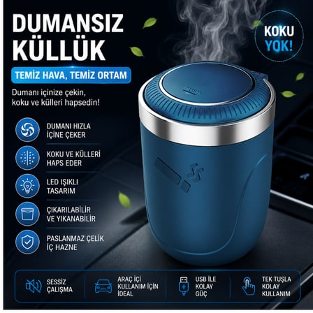 Araç İçi Dumansız Küllük Duman Emici LED Işıklı Kapaklı Koku Önleyici Oto Araba Küllüğü
