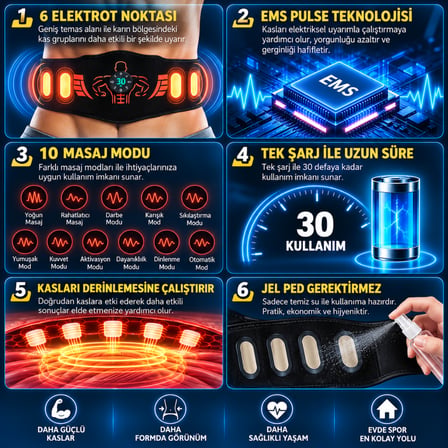 EMS Karın Kası Kemeri 30 Seviye 10 Mod Şarjlı Kas Stimülatörü 40 cm Uzatma Aparatı