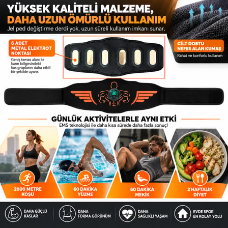 EMS Karın Kası Kemeri 30 Seviye 10 Mod Şarjlı Kas Stimülatörü 40 cm Uzatma Aparatı