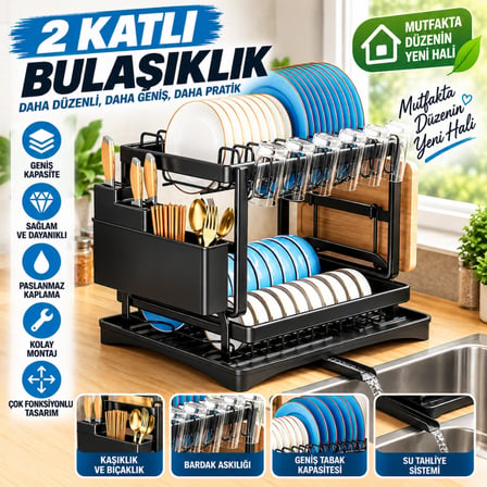 2 Katlı Tezgah Üstü Tepsili Bulaşıklık Tabaklık Kurutmalık Bardaklık Çatal Kaşık Bıçaklık Mutfak Organizeri