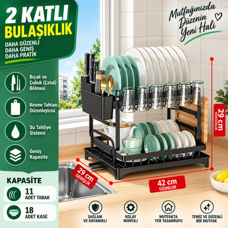 2 Katlı Tezgah Üstü Tepsili Bulaşıklık Tabaklık Kurutmalık Bardaklık Çatal Kaşık Bıçaklık Mutfak Organizeri