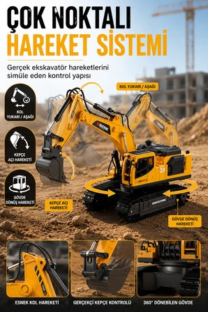 Buharlı Işıklı Sesli Metal Alaşım Excavator Uzaktan Kumandalı RC İş Makinesi