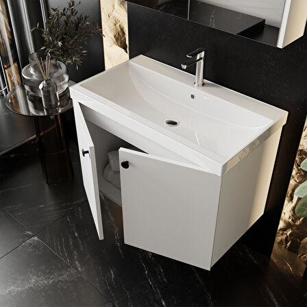 Karen Banyo Mimoza 60 Cm Lavabolu,Aynalı Banyo Dolabı Seti,Komple MDF Seramik Lavabo Dahil,Mdf