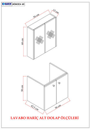 Karen Banyo Mimoza 60 Cm Lavabolu,Aynalı Banyo Dolabı Seti,Komple MDF Seramik Lavabo Dahil,Mdf