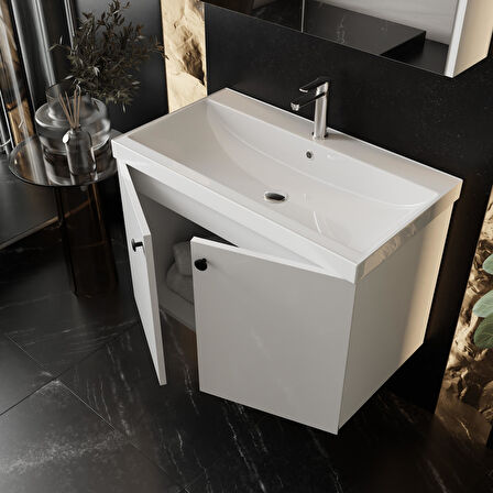 Karen Banyo Mimoza 80 Cm Lavabolu,Aynalı Banyo Dolabı Seti,MDF Seramik Lavabo Dahil,Beyaz,Mdf