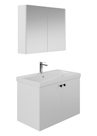 Karen Banyo Mimoza 80 Cm Lavabolu,Aynalı Banyo Dolabı Seti,MDF Seramik Lavabo Dahil,Beyaz,Mdf