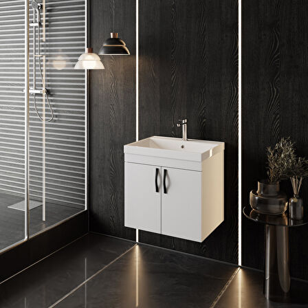 Karen Banyo Ege 60 Cm, Lavabolu Alt Banyo Dolabı, Kapaklı Banyo Alt Dolabı, Seramik Lavabo Dahil