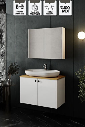 Karen Banyo Mimoza 80 Cm Tezgahlı, Aynalı Banyo Dolabı Seti, Seramik Lavabo Dahil, Beyaz, Mdf
