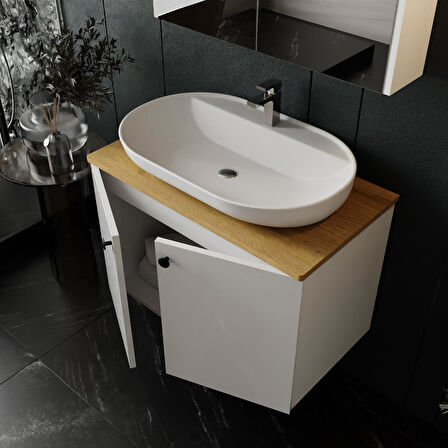 Karen Banyo Mimoza 80 Cm Tezgahlı, Aynalı Banyo Dolabı Seti, Seramik Lavabo Dahil, Beyaz, Mdf