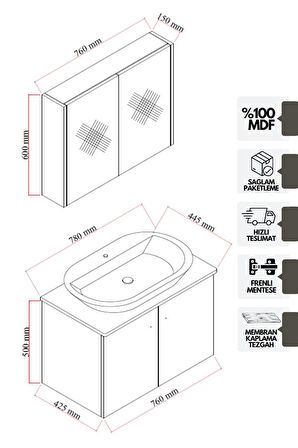 Karen Banyo Mimoza 80 Cm Tezgahlı, Aynalı Banyo Dolabı Seti, Seramik Lavabo Dahil, Beyaz, Mdf