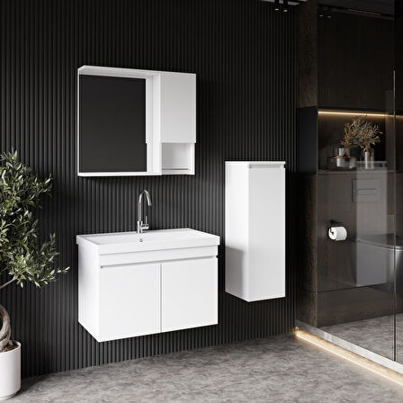Karen Banyo Deniz 80 Cm Lavabolu, Aynalı Banyo Dolabı, Lavabo Dahil, Boy Dolabı Dahil, Beyaz 