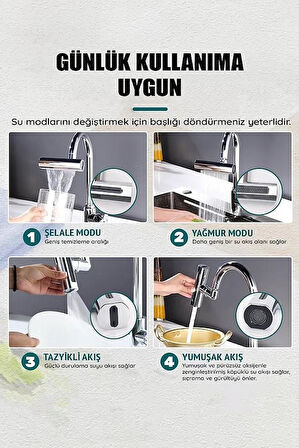 Krom Tasarruflu 4 Modlu Ayarlanabilir Musluk Başlığı Lavabo Batarya Fıskiye Ucu Perlatör
