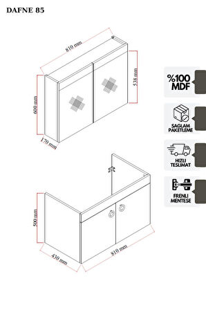 Karen Banyo Dafne 85 Cm, Mdf Lavabolu Banyo Dolabı Seti, Mdf, Lavabo Dahil