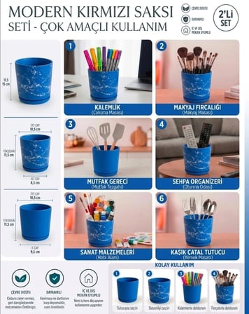 2’li Seramik Saksı (Kalemlik,Fırçalık,Masa Organizeri ) / Modern Dekoratif El Yapımı Tasarım