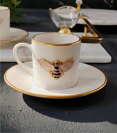 Queen Bee 4 Parça 2 Kişilik Yaldızlı Porselen Kahve Fincan Takımı