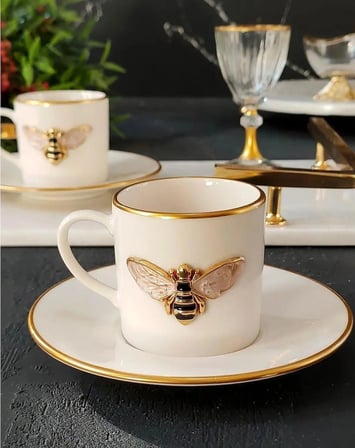 Queen Bee 4 Parça 2 Kişilik Yaldızlı Porselen Kahve Fincan Takımı